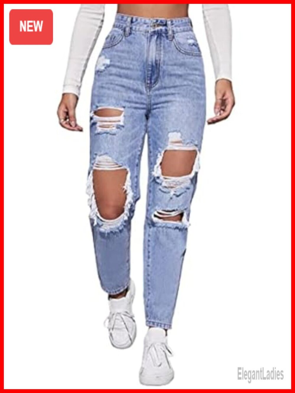 High Waist Straight Leg Ripped Jeans Distressed Denim Pants Women's